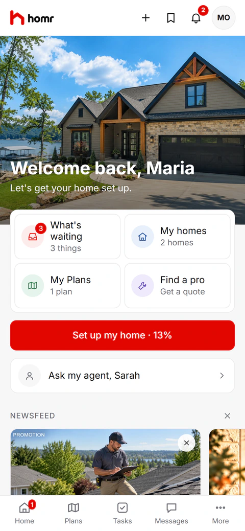 The Homr client portal on an iPhone: a homeowner's Home screen