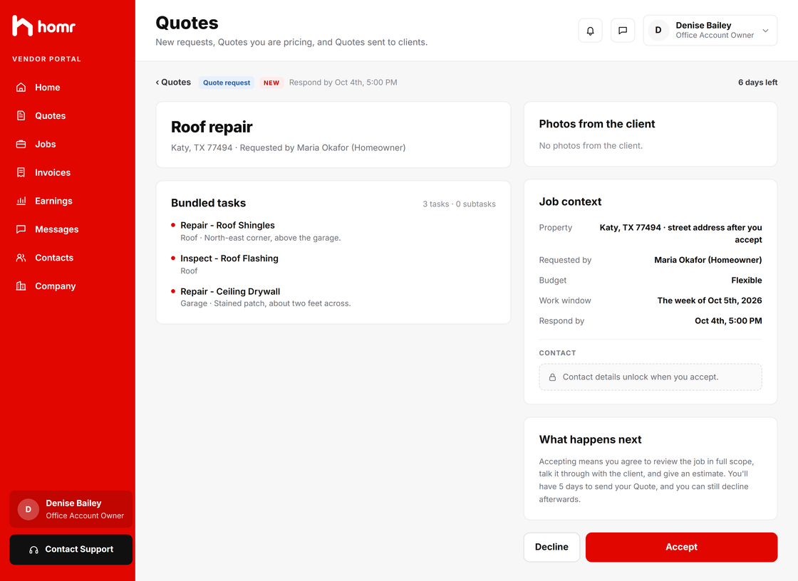 The Homr Vendor Portal on a tablet: reviewing a Quote request before accepting it